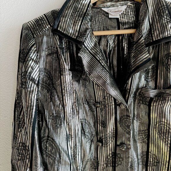 Black and‎ Silver Metalic Blouse Vintage Silver Button Up - Picture 4 of 5
